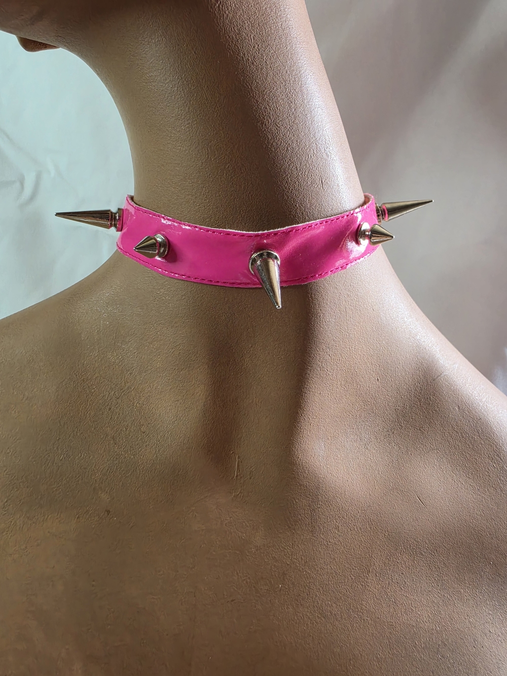 Bright Pink PVC 1" & 1/2" Silver Spiked Collar.